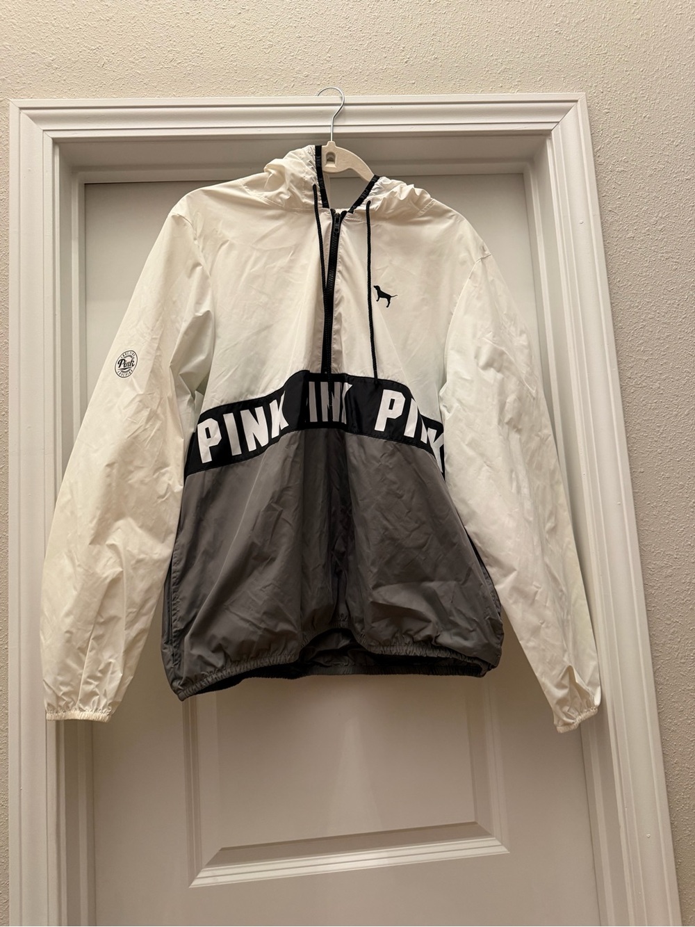 PINK Victoria's Secret White and Black Hooded Half-Zip Pullover
